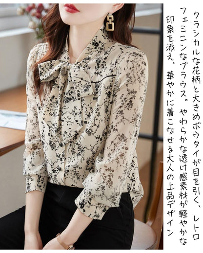 ボウタイ花柄ブラウス【上品に華やぐ、クラシカルフェミニン】