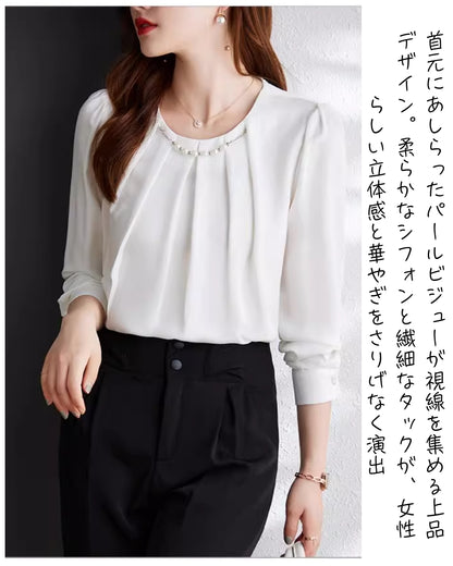 パールビジューブラウス【首元パールで大人の華やぎ】