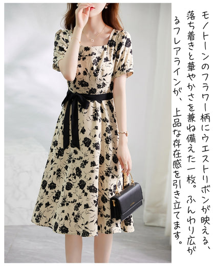 フラワー柄リボンワンピース【 落ち着きの中で華やぐ花柄シルエット】