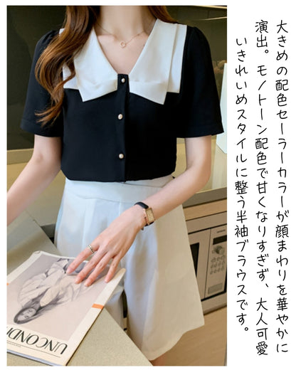 パールボタン配色ブラウス【涼しく着られて上品見えも叶う】