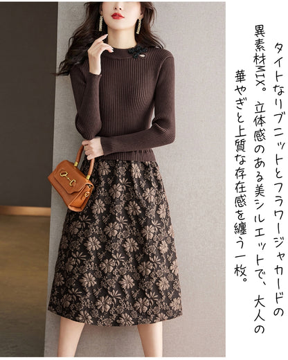 リブジャカードミディワンピース【コントラストが生む立体エレガンス】