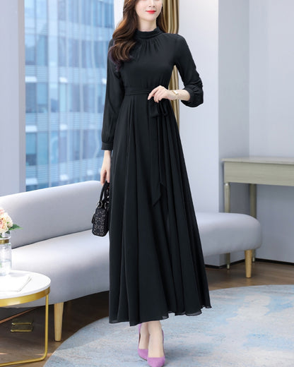 ロングシフォンワンピース【静かな華やぎを添える上品シルエット】