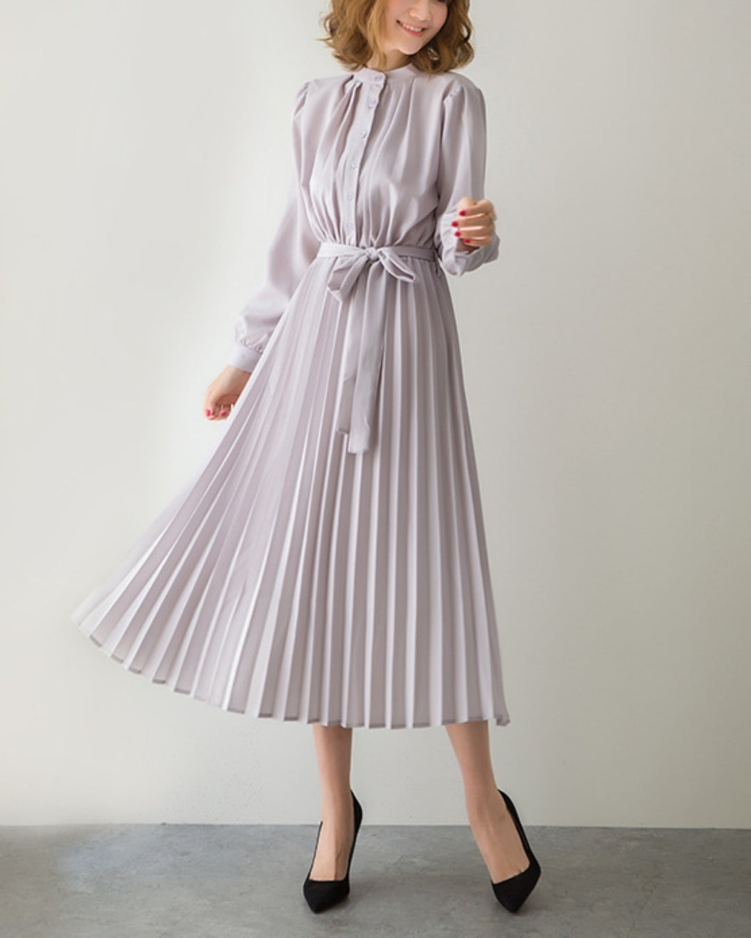 ウエストリボンプリーツワンピ【清楚なのに”ふんわり”華やぐ】