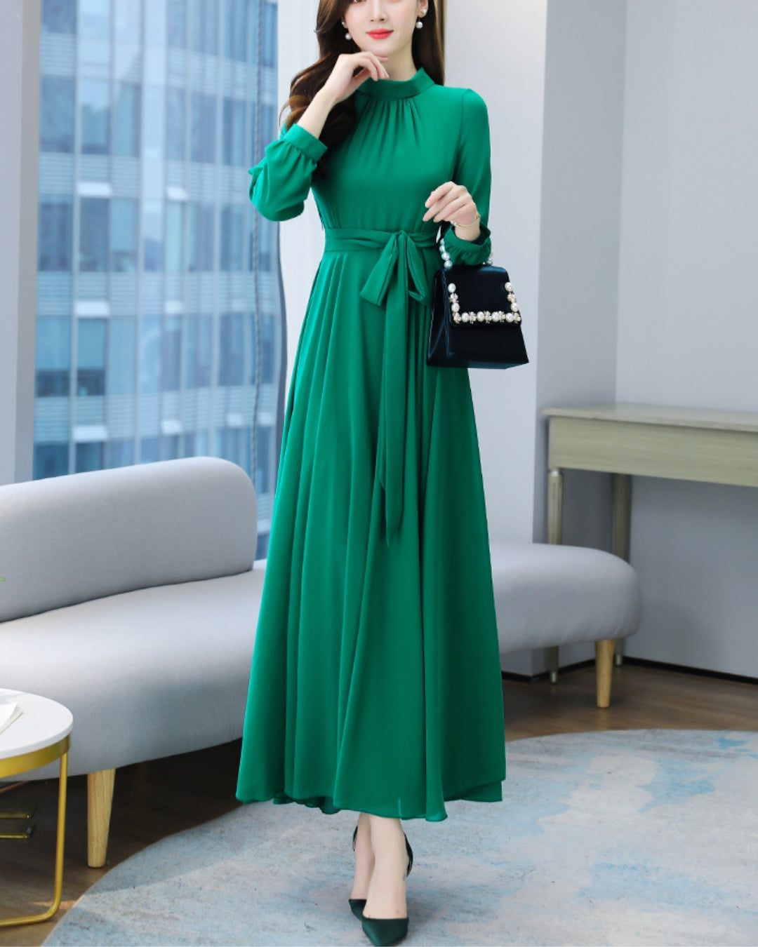 ロングシフォンワンピース【静かな華やぎを添える上品シルエット】