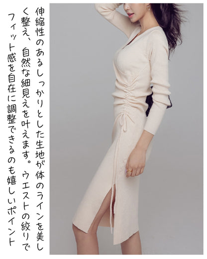 サイドギャザーリブワンピース【品よく、着るだけで 細見えシルエット】