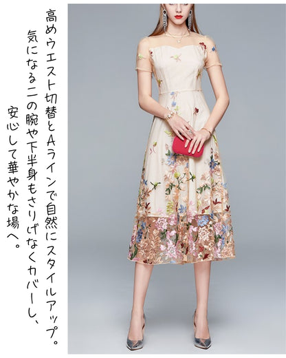 シースルー花柄刺繍ミモレドレス【凛と咲く、透け刺繍の華やぎ】