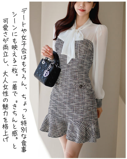 シアー袖・ツイードミニドレス【透け感と曲線美が描く大人エレガンス】