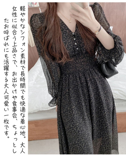 花柄シフォンミモレワンピース【40代の休日のお出かけにちょうどいい】
