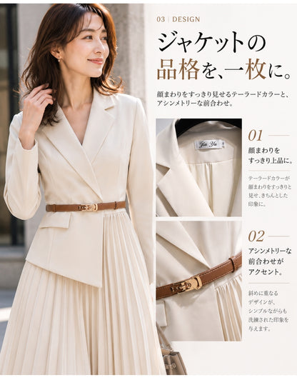 ジャケット風プリーツワンピース【一枚で叶える、品よく華やぐ大人の装い】