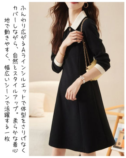 配色襟クラシカルワンピース【上品シルエットで、大人可愛く決まる】