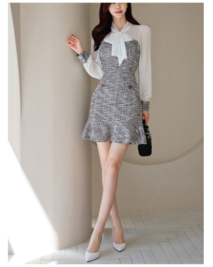 シアー袖・ツイードミニドレス【透け感と曲線美が描く大人エレガンス】