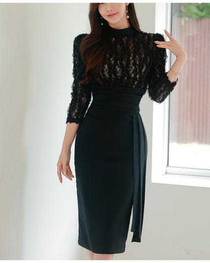 切替レース七分袖タイトワンピ【美しさを引き締める計算された“黒”】