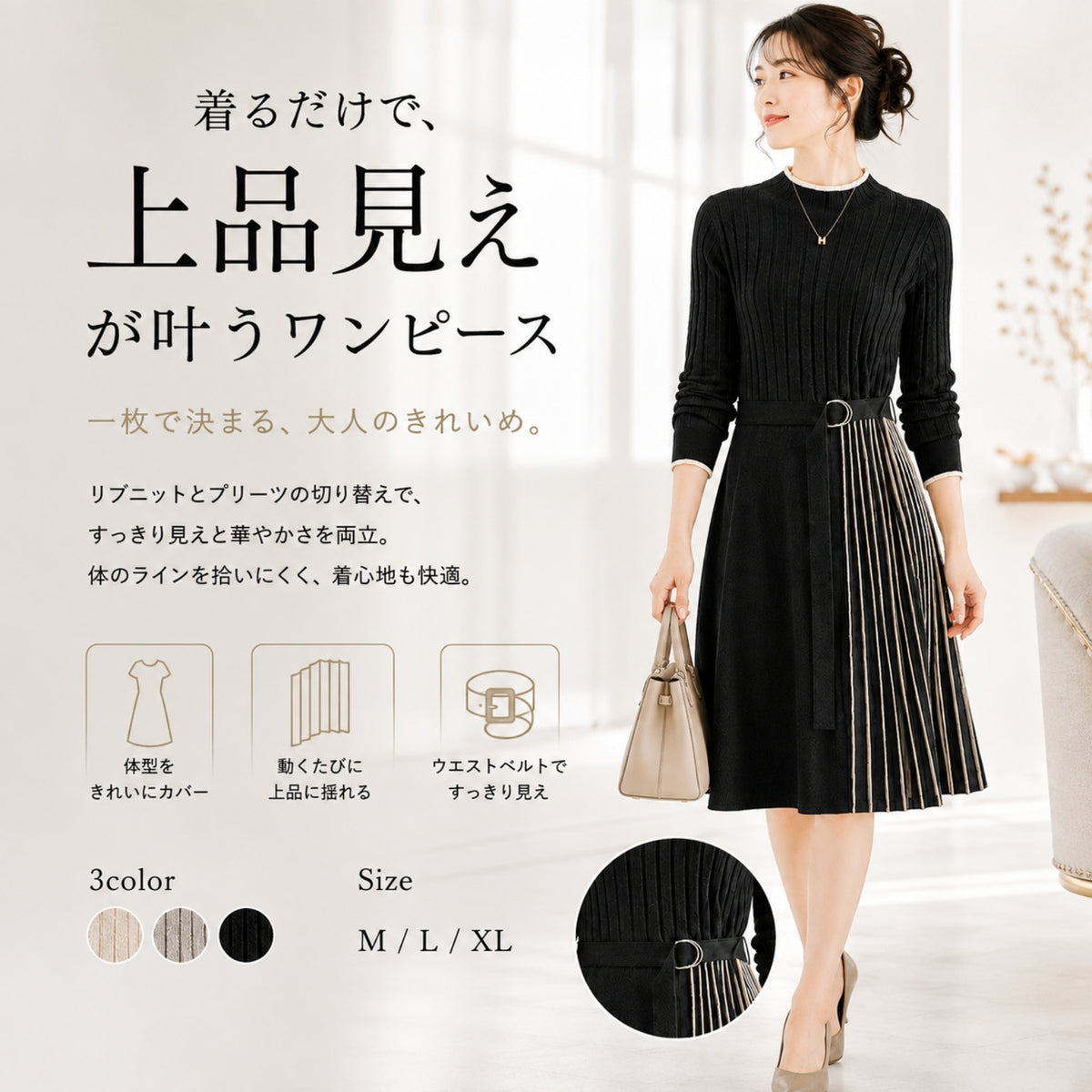 リブ切替プリーツワンピース【プリーツで華やぐ上品シルエット】