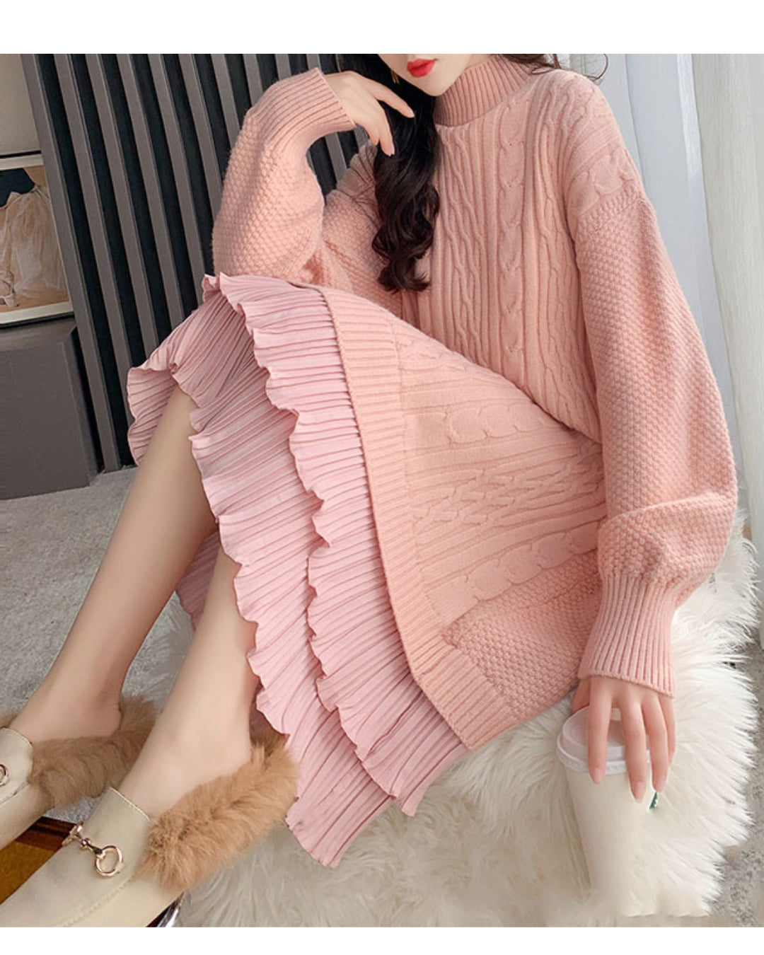 ロングニットフリルワンピース【大人フェミニン × 圧倒的存在感】