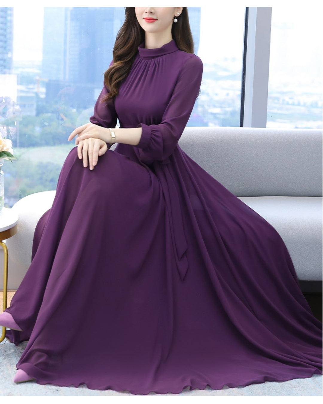 ロングシフォンワンピース【静かな華やぎを添える上品シルエット】