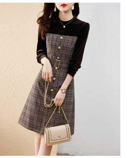 チェック柄スリムワンピース【なめらか質感で叶えるクラシカルスタイル】