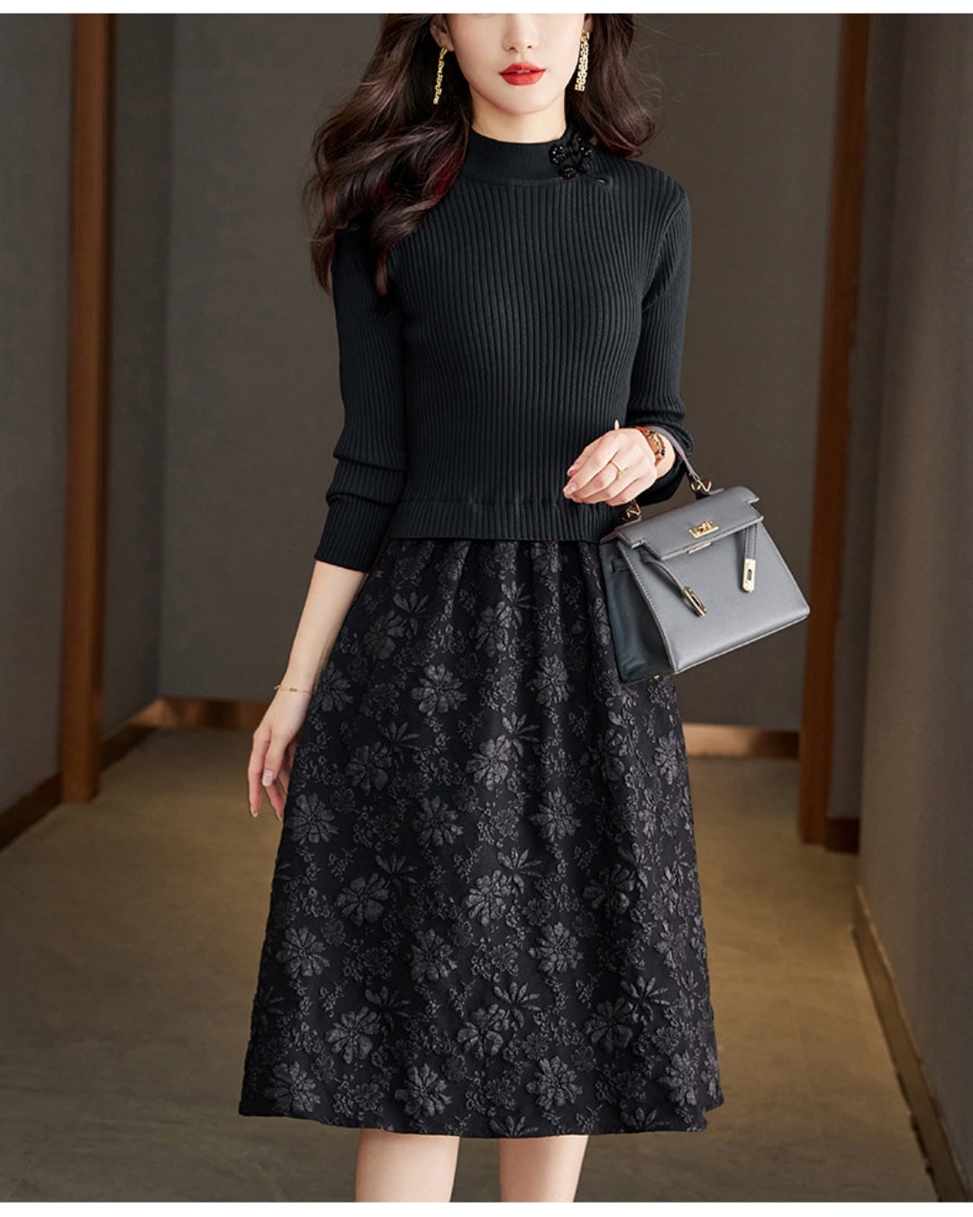 リブジャカードミディワンピース【コントラストが生む立体エレガンス】