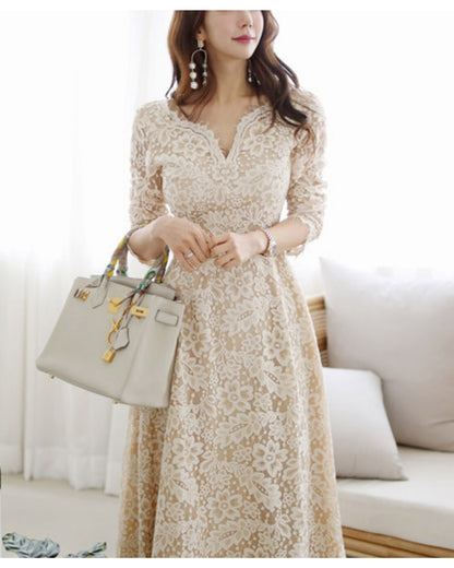 シアーレース切替ワンピース【上品に映える、透け感レース】