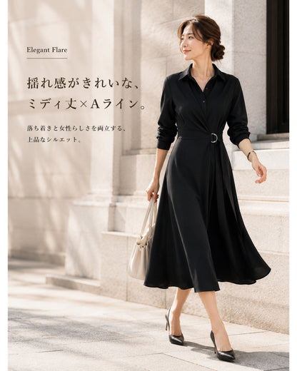 襟付きウエストベルトワンピース【ベルトで引き立つ美シルエット】