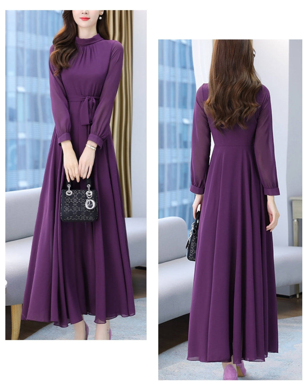 ロングシフォンワンピース【静かな華やぎを添える上品シルエット】