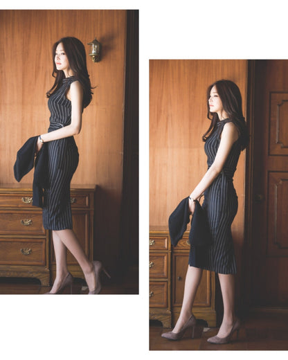 ストライプタイトドレス【計算された縦ライン大人モードの品格】