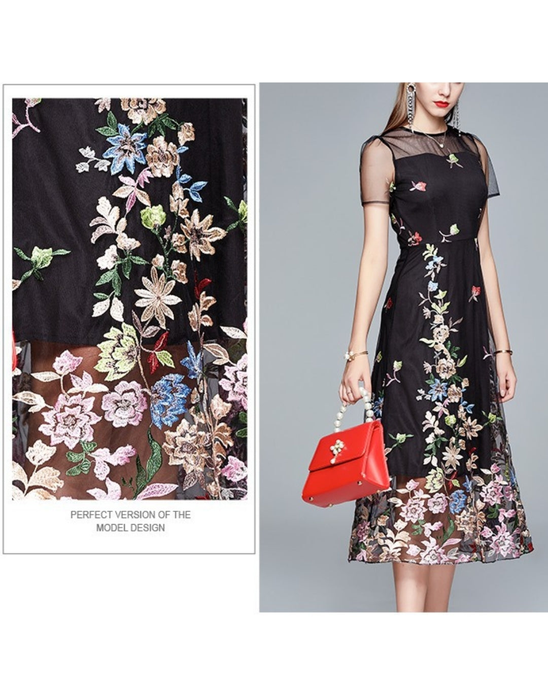 シースルー花柄刺繍ミモレドレス【凛と咲く、透け刺繍の華やぎ】