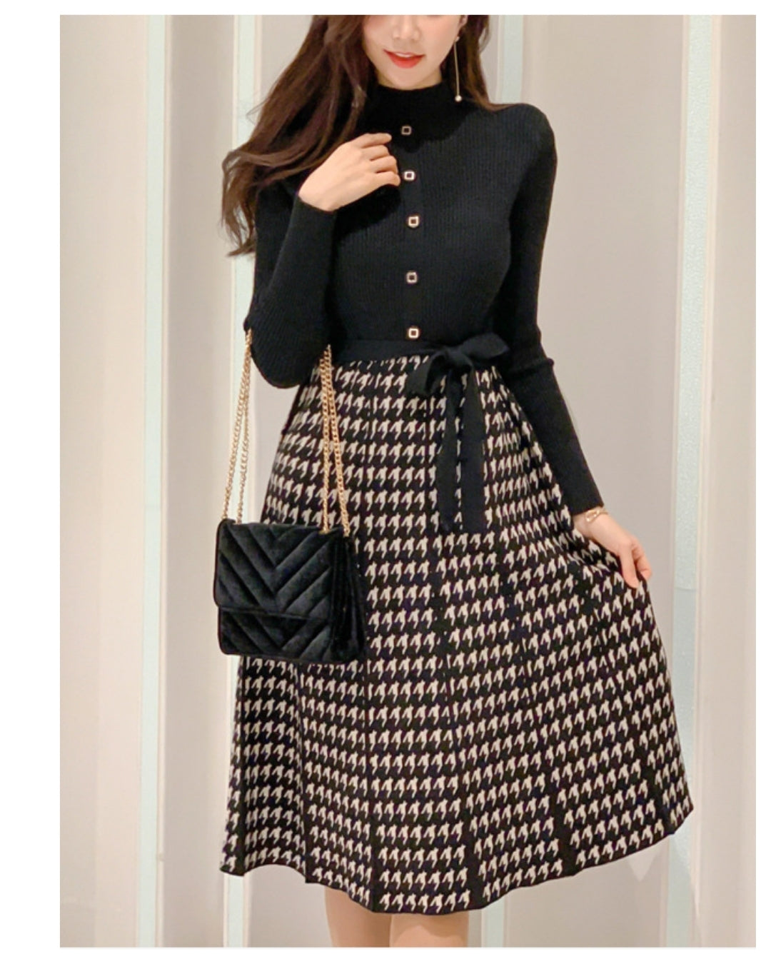 千鳥格子切替リボンワンピース【上品な存在感で魅せる大人エレガント】