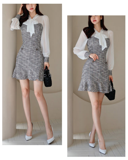 シアー袖・ツイードミニドレス【透け感と曲線美が描く大人エレガンス】