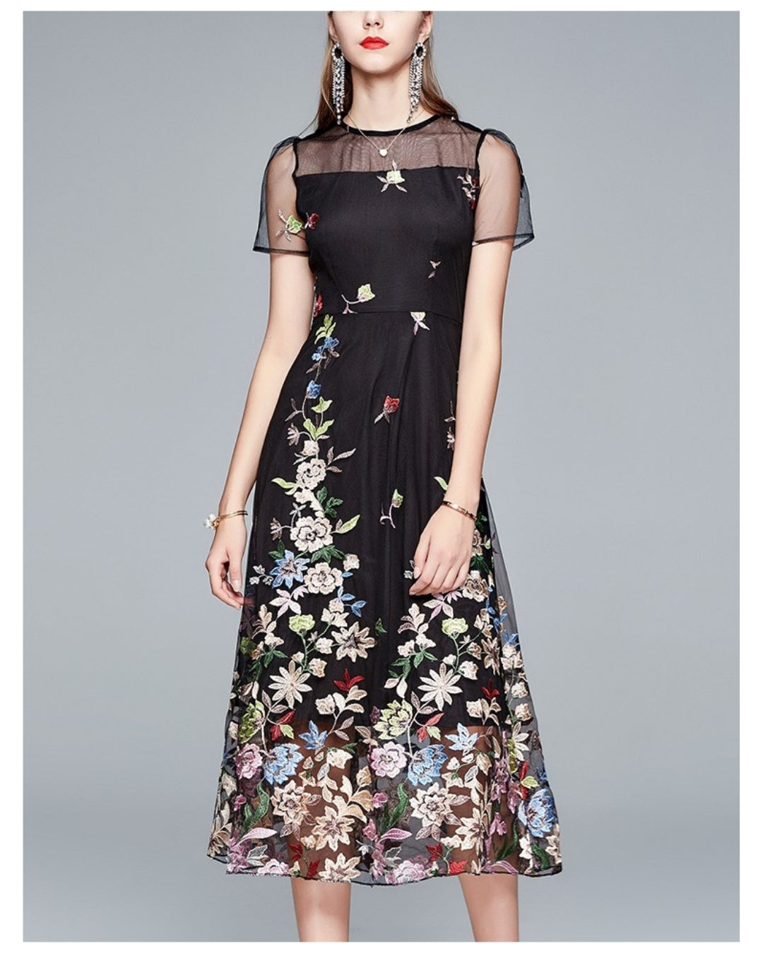 シースルー花柄刺繍ミモレドレス【凛と咲く、透け刺繍の華やぎ】