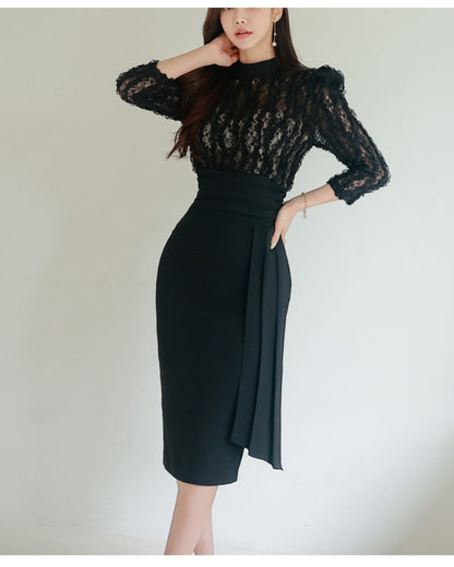 切替レース七分袖タイトワンピ【美しさを引き締める計算された“黒”】