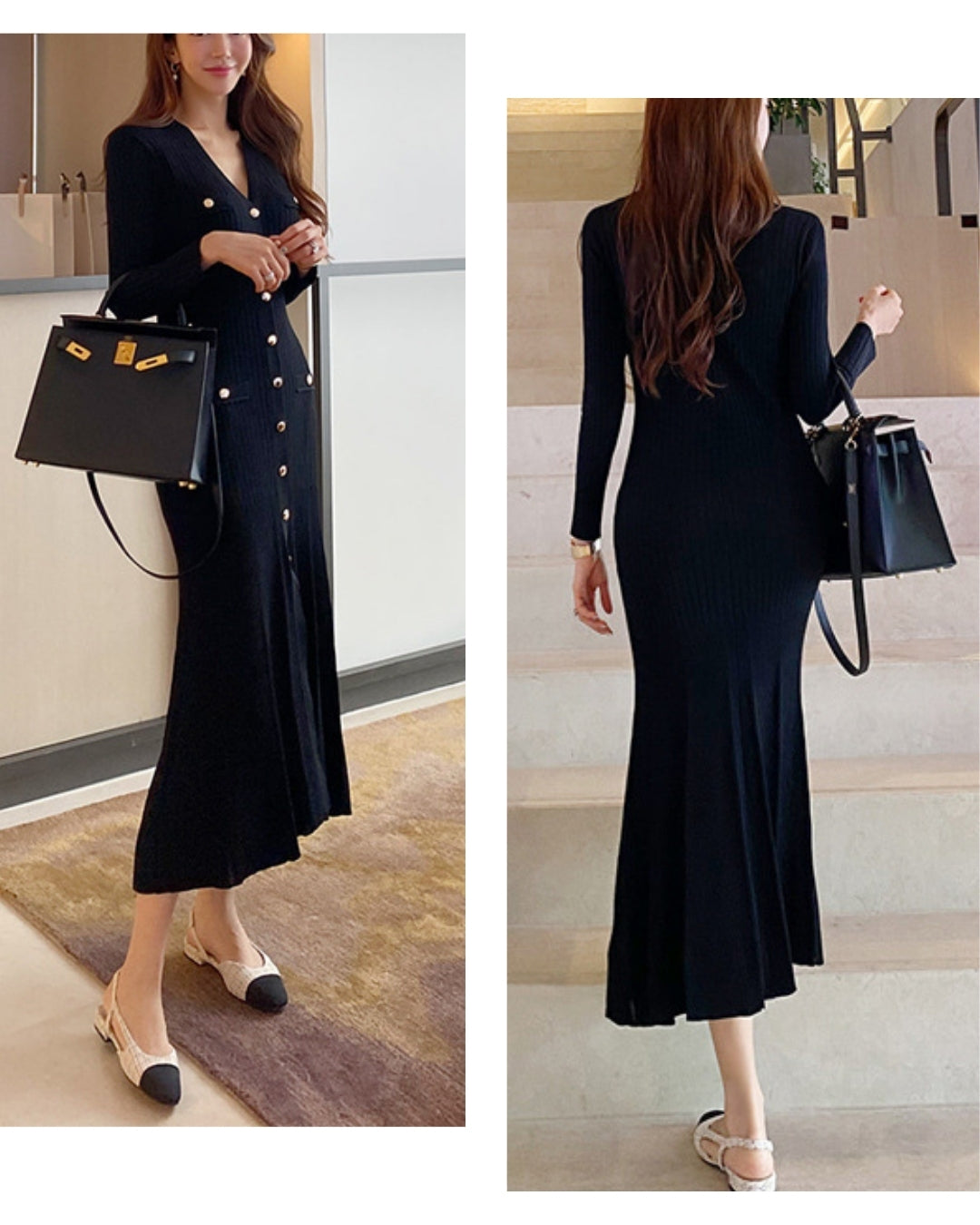 Vネック前ボタンニットワンピ【一枚で整う大人のための縦リブニット】