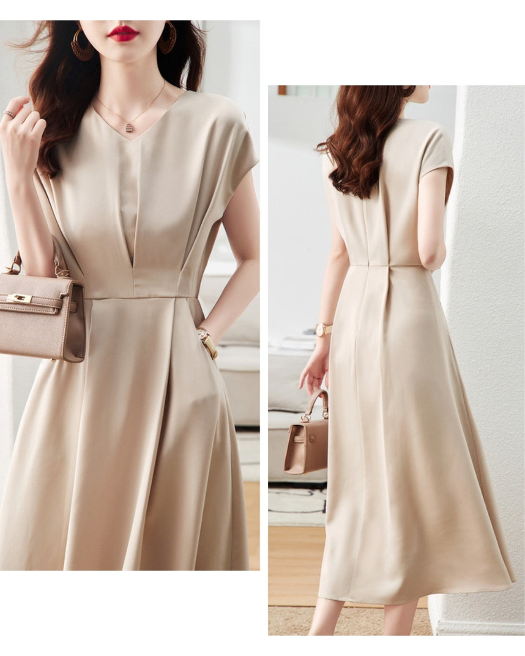 Vネックフレンチスリーブワンピース【しっとり上品、ライン美人】