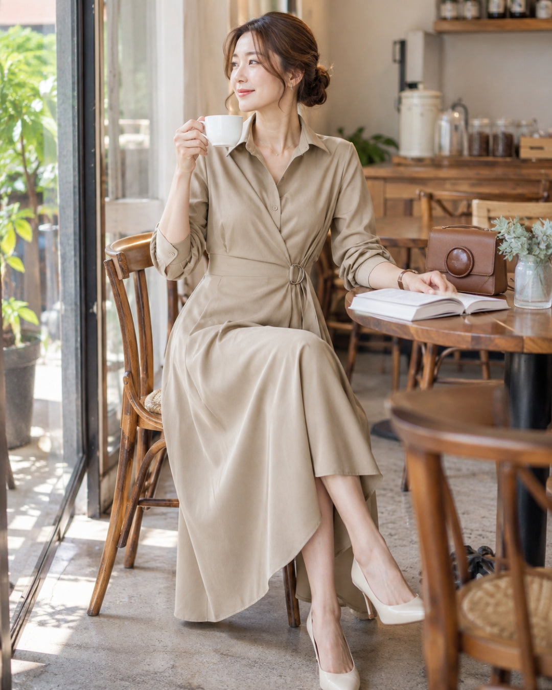 襟付きウエストベルトワンピース【ベルトで引き立つ美シルエット】
