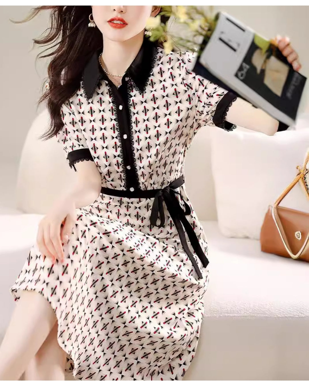 モダン柄刺繍襟ワンピース【さらっと肌触り、一枚で品よく決まる】