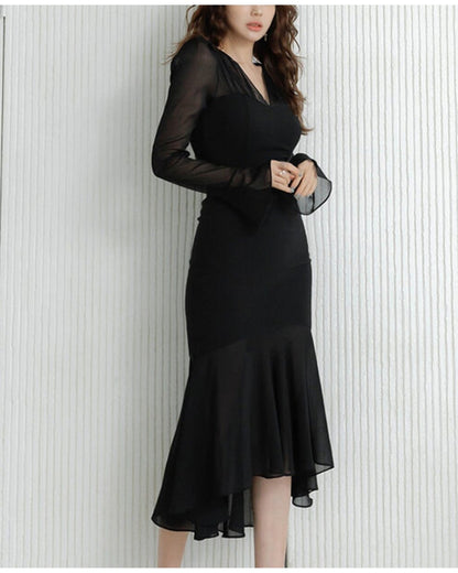 シアー袖マーメイドドレス【艶めくシアーで魅せる大人エレガント】