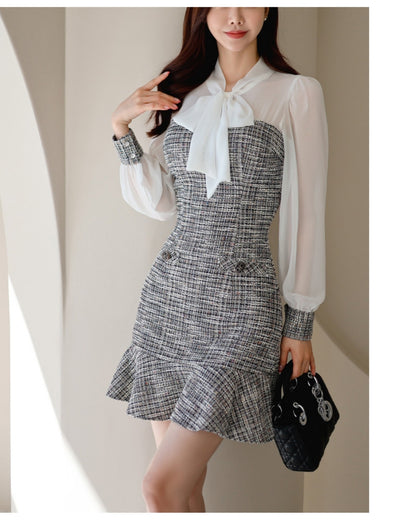 シアー袖・ツイードミニドレス【透け感と曲線美が描く大人エレガンス】