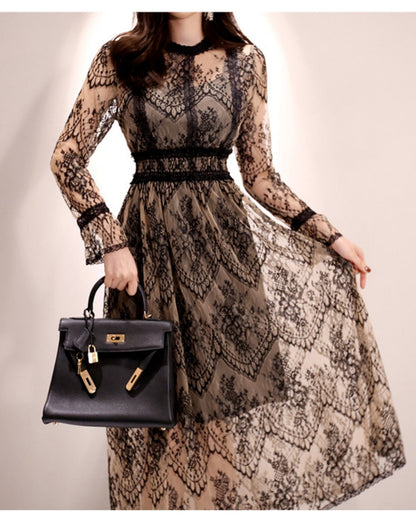 総レースハイウエストロングドレス【優雅に揺れる、気品レース】