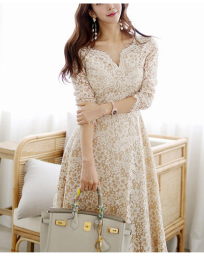 シアーレース切替ワンピース【上品に映える、透け感レース】