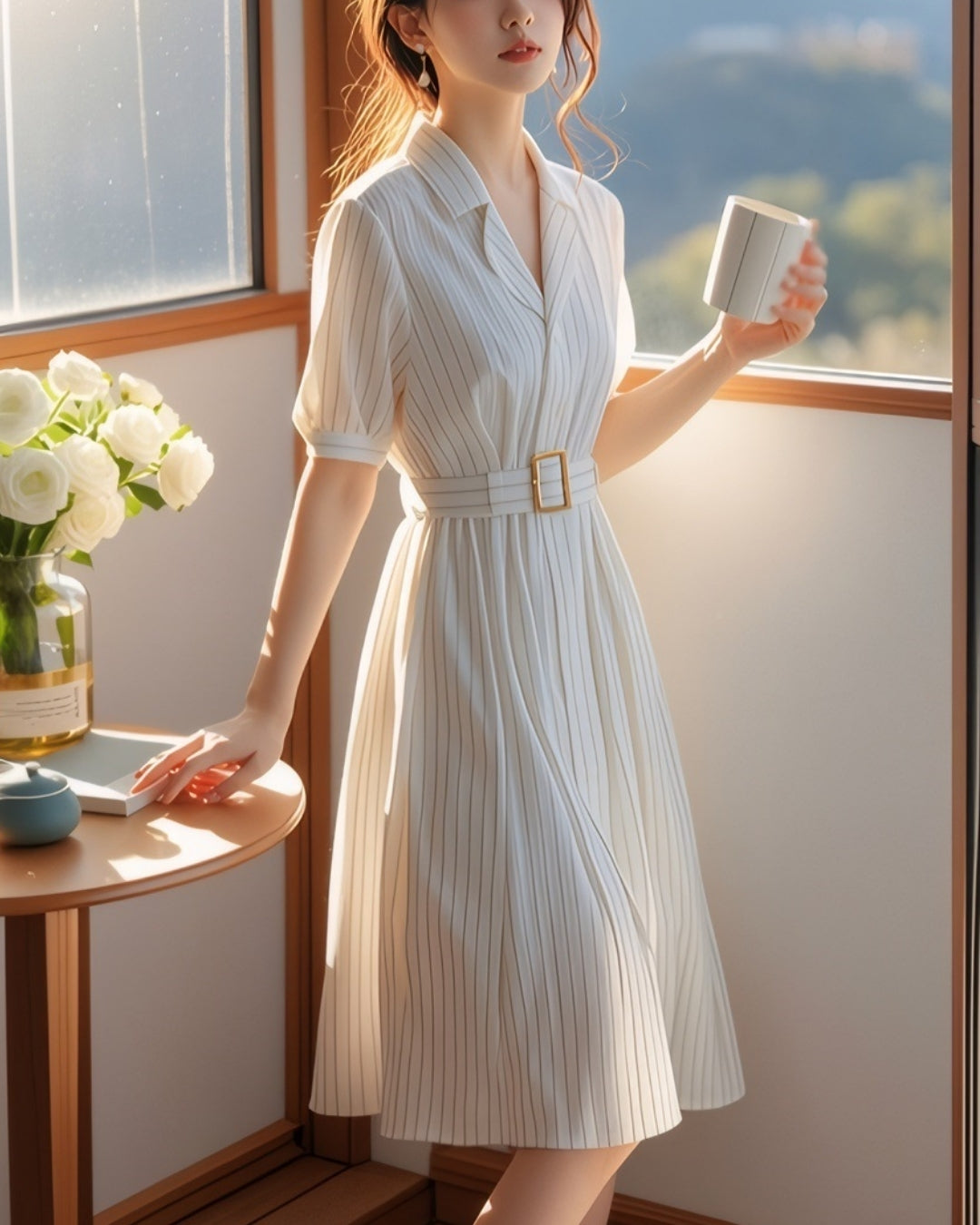 ウエストベルト付きストライプワンピ【美シルエットで魅せる】 – PORCO