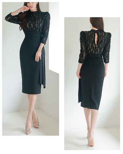 切替レース七分袖タイトワンピ【美しさを引き締める計算された“黒”】