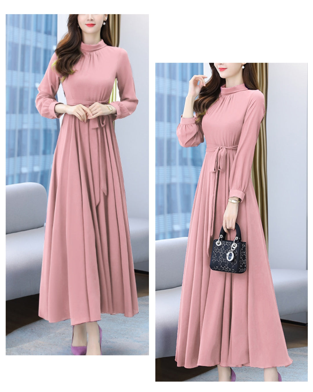 ロングシフォンワンピース【静かな華やぎを添える上品シルエット】