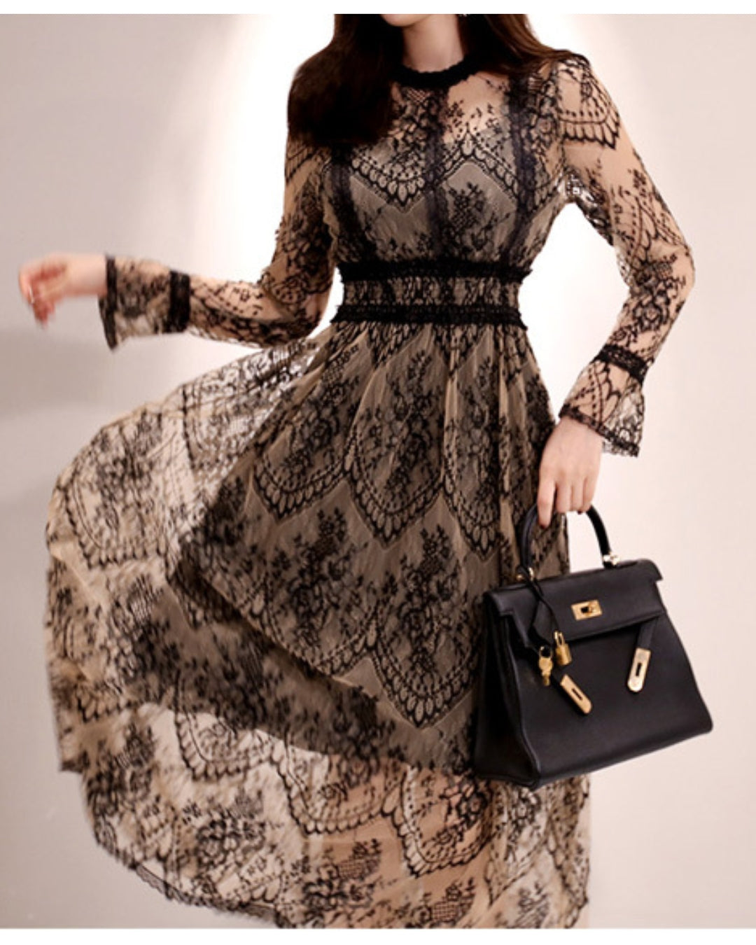 総レースハイウエストロングドレス【優雅に揺れる、気品レース】