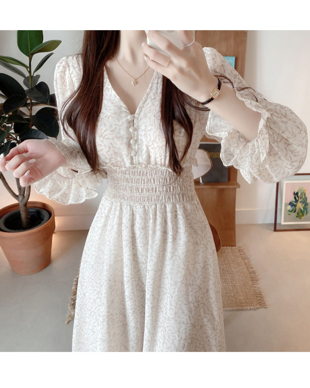 花柄シフォンミモレワンピース【40代の休日のお出かけにちょうどいい】