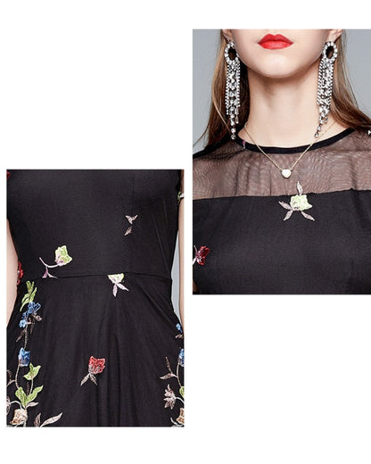 シースルー花柄刺繍ミモレドレス【凛と咲く、透け刺繍の華やぎ】