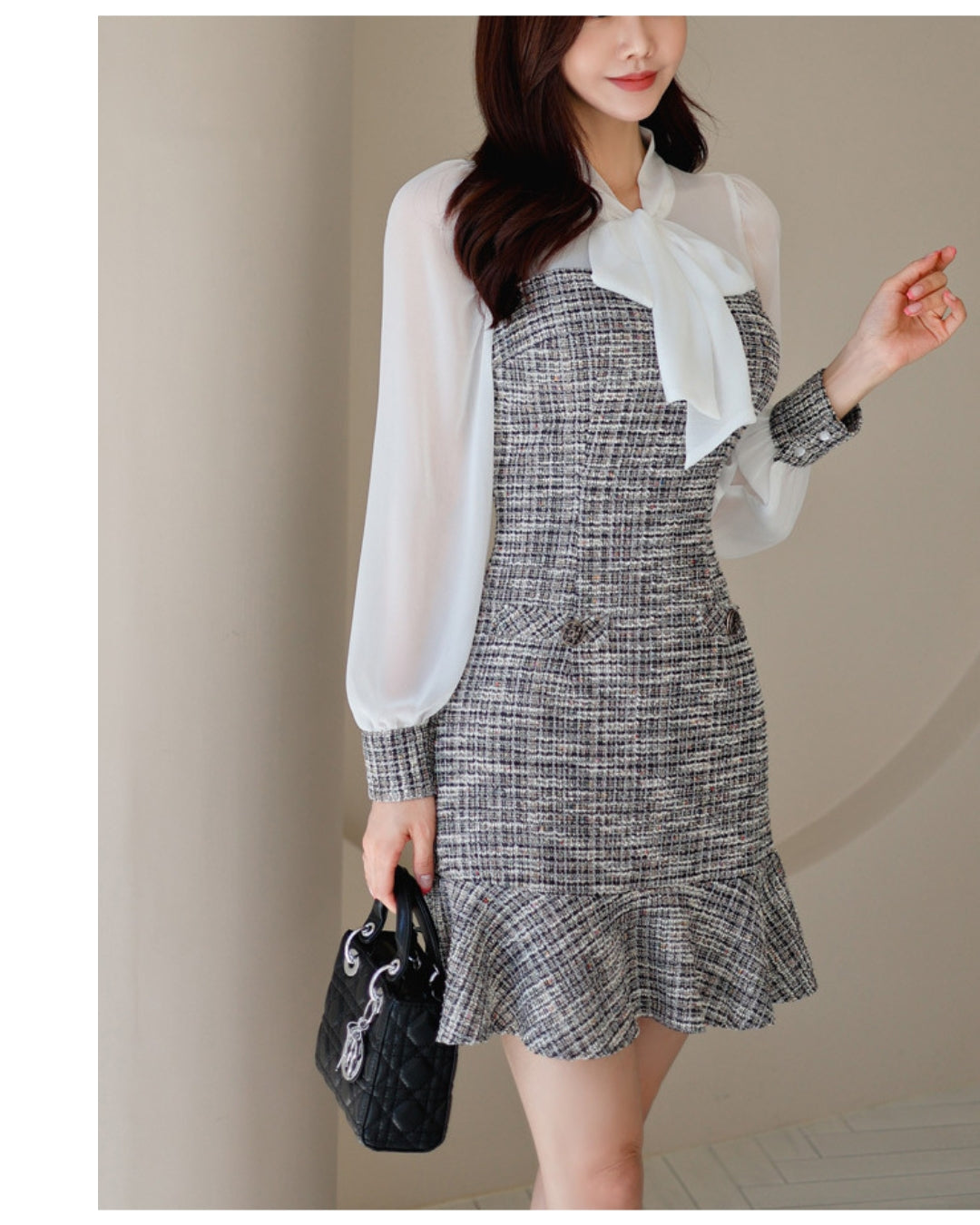 シアー袖・ツイードミニドレス【透け感と曲線美が描く大人エレガンス】