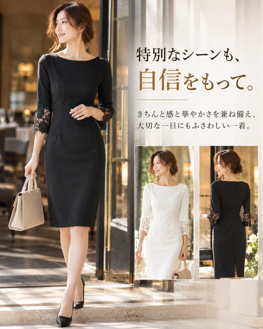 切替レース七分袖タイトワンピ【凛とした佇まいに女らしさを忍ばせる】