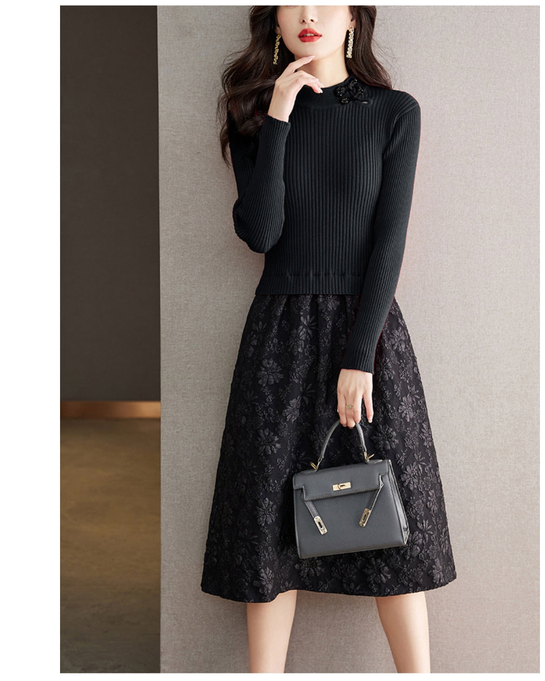 リブジャカードミディワンピース【コントラストが生む立体エレガンス