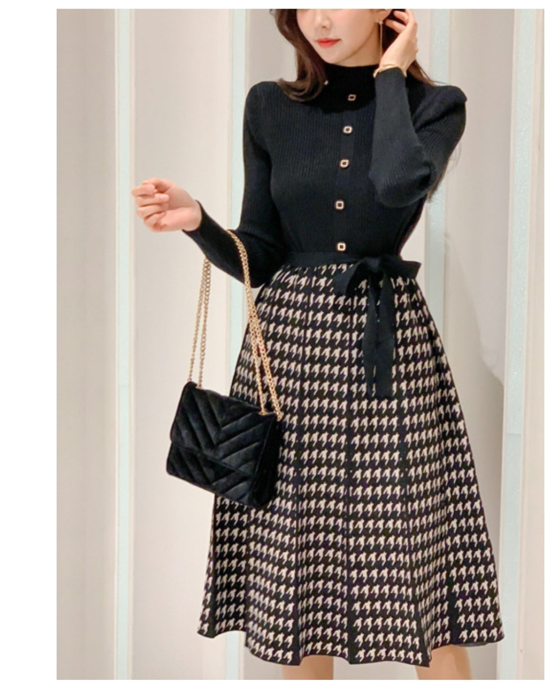 ROPE 新品タグ付き 千鳥格子 ロングワンピース 38 フレア 日本製 上品 イタリア製千鳥格子ウールで作ったハイネックフレアワンピース