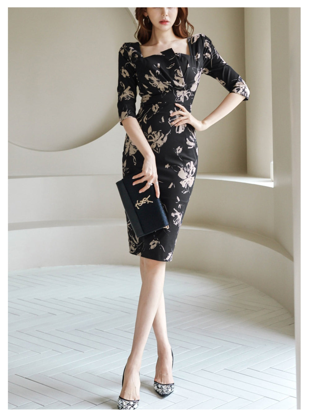 ブラック フラワープリント タイトドレス フラワー柄タイトドレス【視線を奪う香り立つ艶美シルエット】 – PORCO