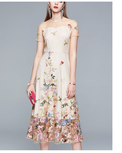 シースルー花柄刺繍ミモレドレス【凛と咲く、透け刺繍の華やぎ】